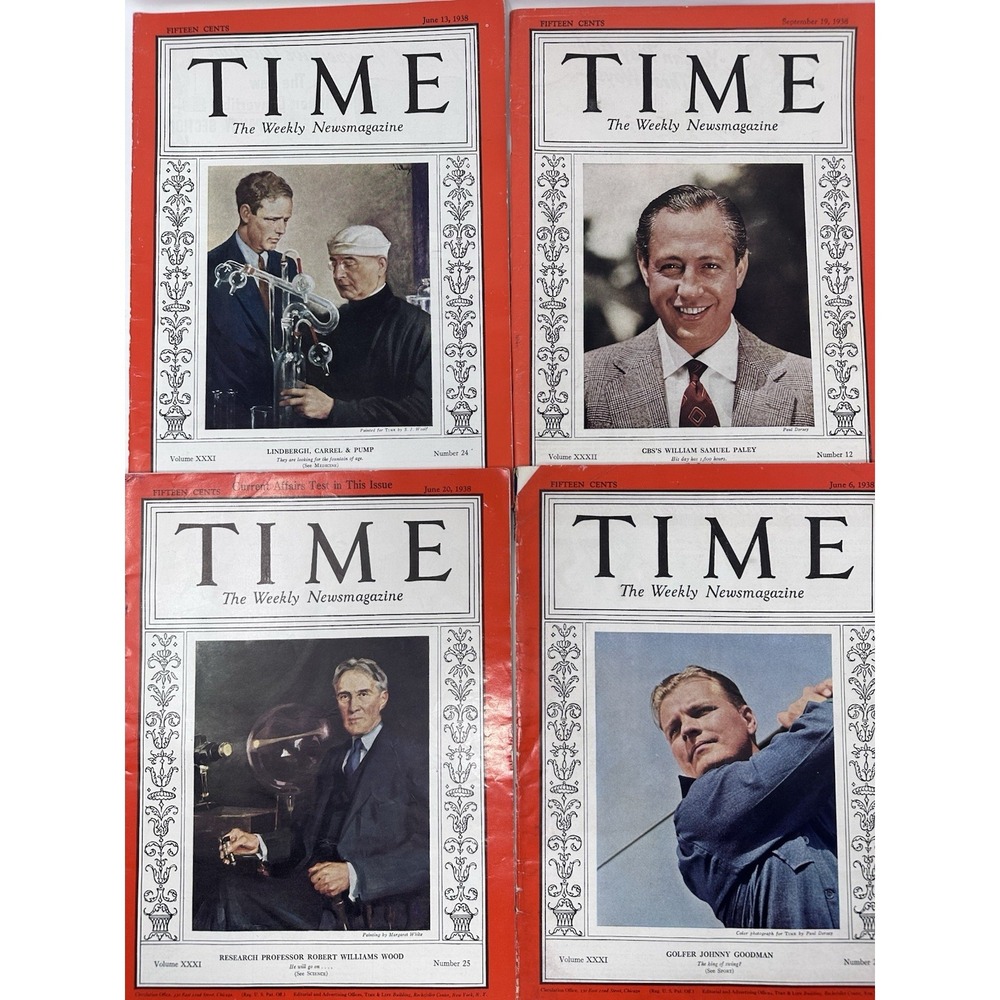 TIME Magazine Vintage Lot 1938 Charles Lindbergh Johnny Goodman 4pc